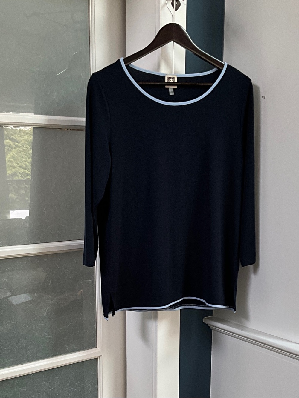 Anne Klein Navy Long-Sleeve Top with Light Blue Trim